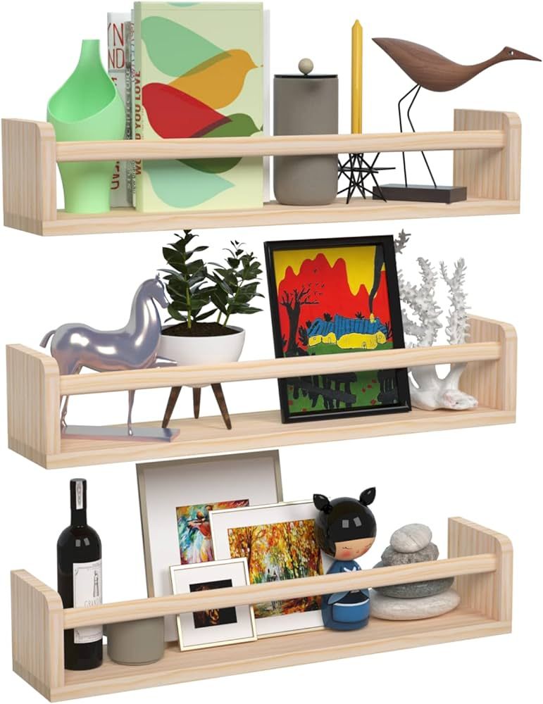 Floating Nursery Book Shelves for Wall Set of 3, 24 Inch Wall Mounted Wood Book Shelf for Living ... | Amazon (US)
