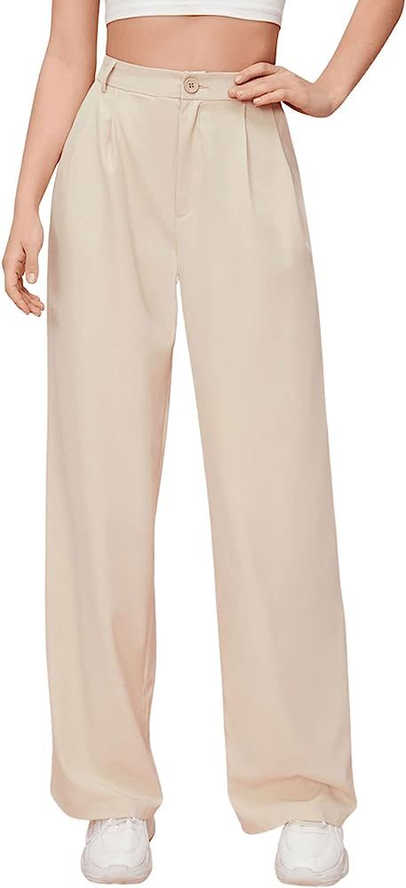 Women's Casual Wide Leg High Waisted Button Down Straight Long Trousers Pants | Amazon (US)