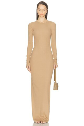 Eterne Long Sleeve Crewneck Butter Rib Maxi Dress in Taupe | FWRD 