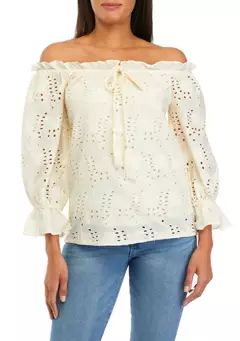 Women's Embroidered Eyelet Blouse with Tassel Ties | Belk