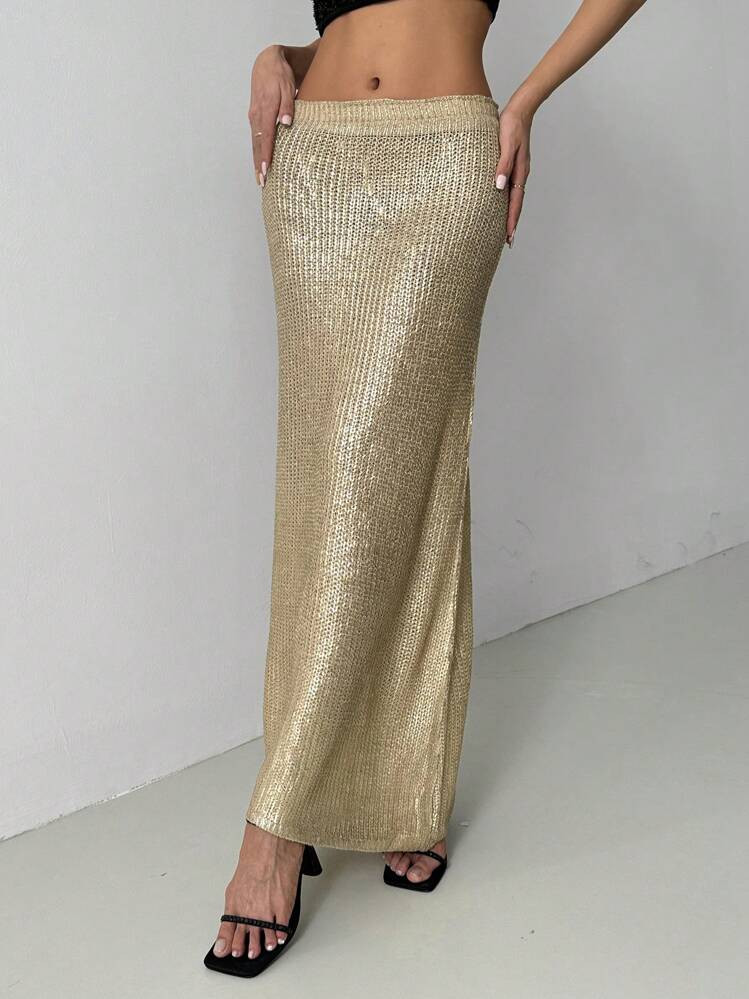 Rafferiza Street Style European & American Metallic Long Sweater Dress, High Waist Straight Cut, ... | SHEIN