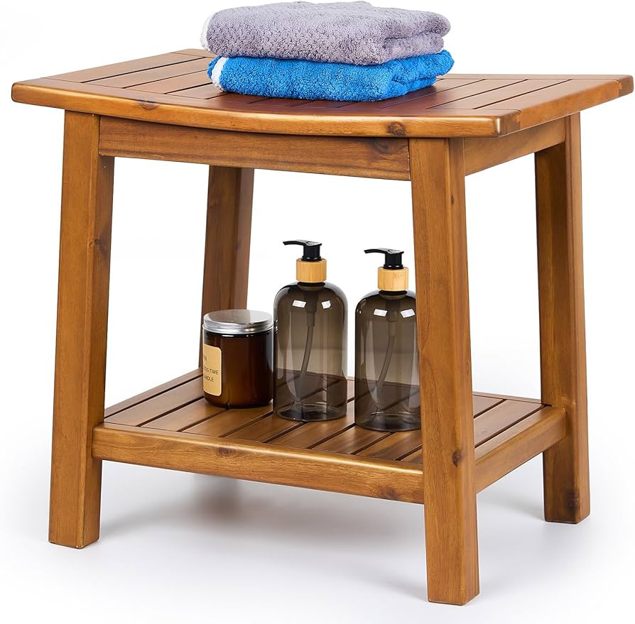 Teak Shower Bench, 20" Solid Wood Shower Stool Waterproof Shower Seat with Storage Shelf for Bath... | Amazon (US)