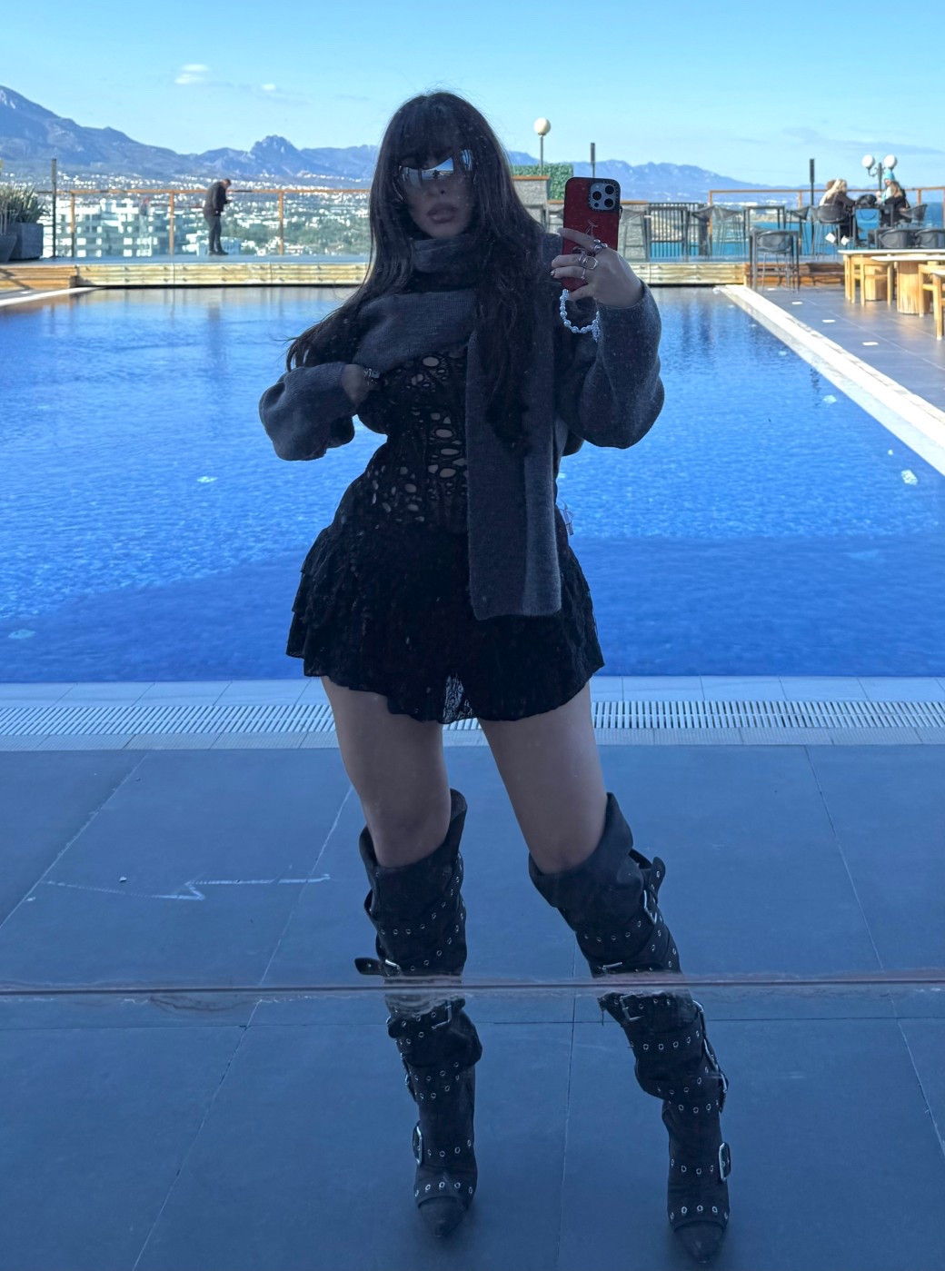 The way my confidence went up as soon as I put this outfit on 🥹 I’ve tried to link as much as I could and found some stuff that’s very similar! 
The boots are from a company called simmilondon… they are my holy grail!! 
The corset that I have linked is very similar to the one I’m wearing which is from white fox, same as the cardigan that has a scarf built in is genius, you can use my code on their site to save you money at checkout- ALARATANERI 🥰🫶🏽 and the sunnies they never come off my face🤣🥰