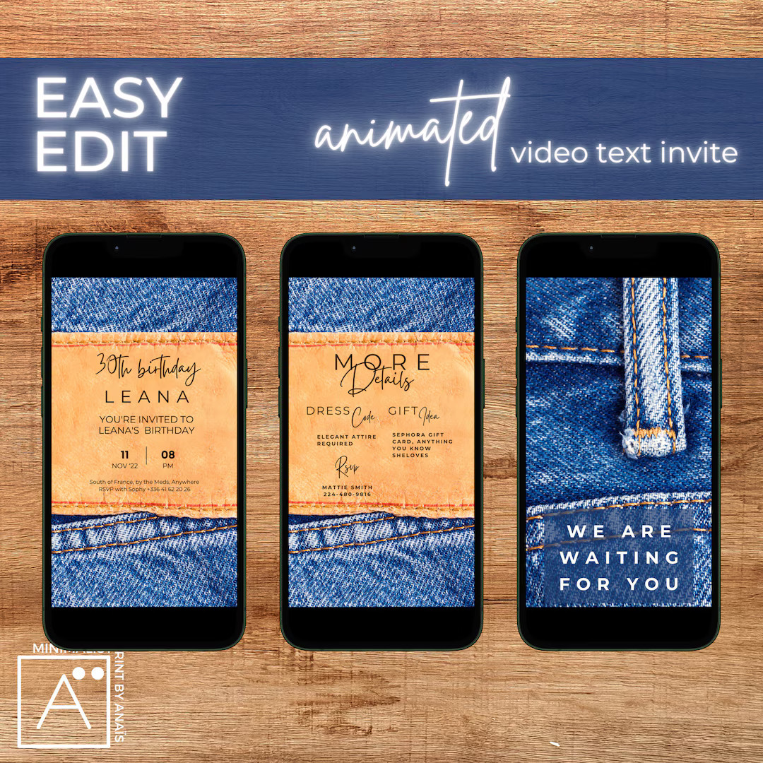 Denim Birthday Invitation, FULLY Editable, Digital Itinerary, Dinner, VIDEO Invite, Any Age, Deni... | Etsy (US)