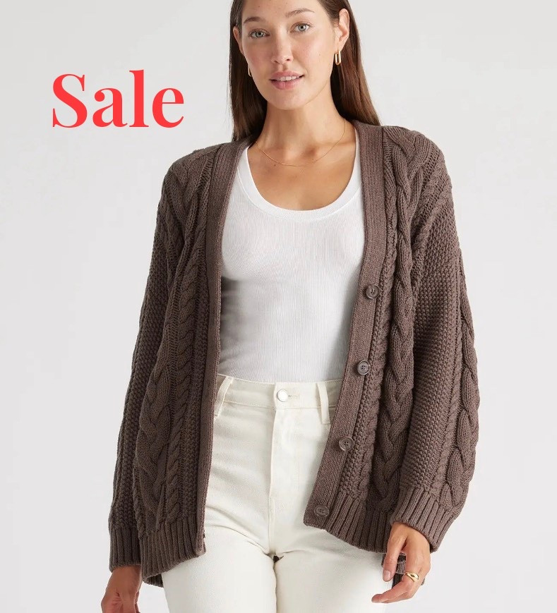 Organic cotton cable cardigan. 
Oversized and cozy. 
Available in assorted colors including this beautiful brown. 
kimbentley, Quince


#LTKFindsUnder100 #LTKCyberWeek #LTKSaleAlert
