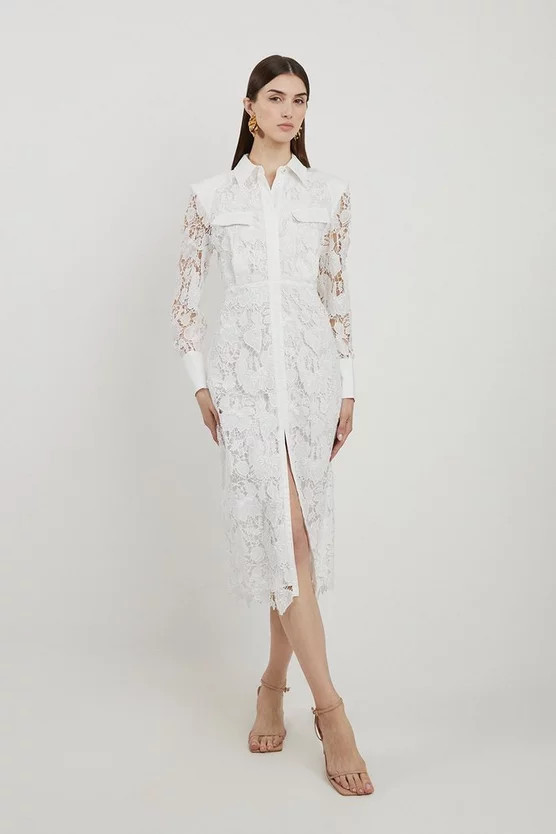 Lace And Embroidered Sharp Shoulder Woven Midi Shirt Dress | Karen Millen US
