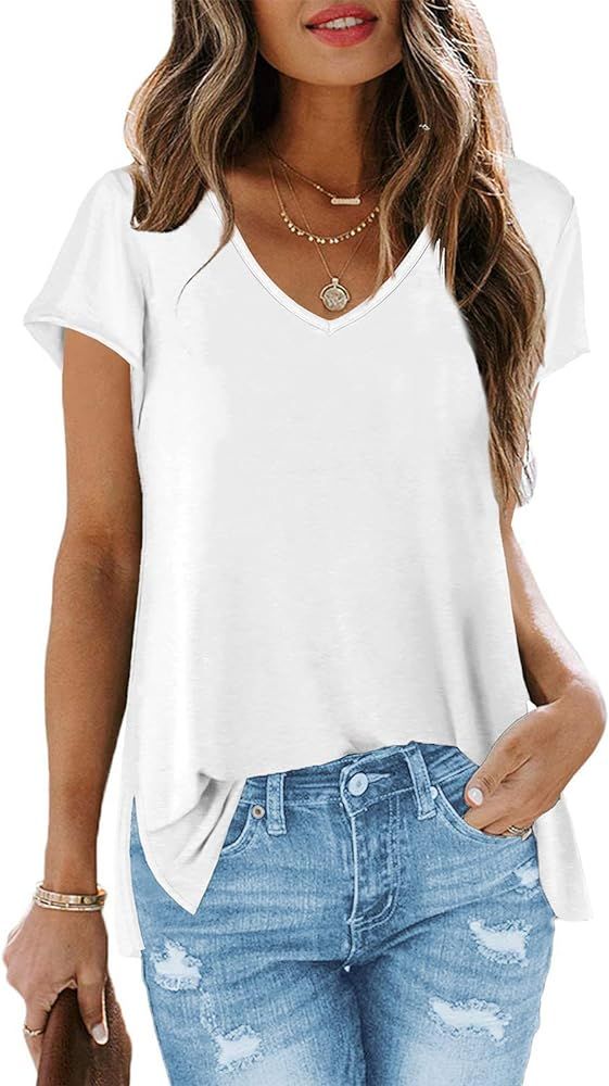 Women's V Neck T Shirts Casual Summer Tops with Cap Sleeve | Amazon (US)