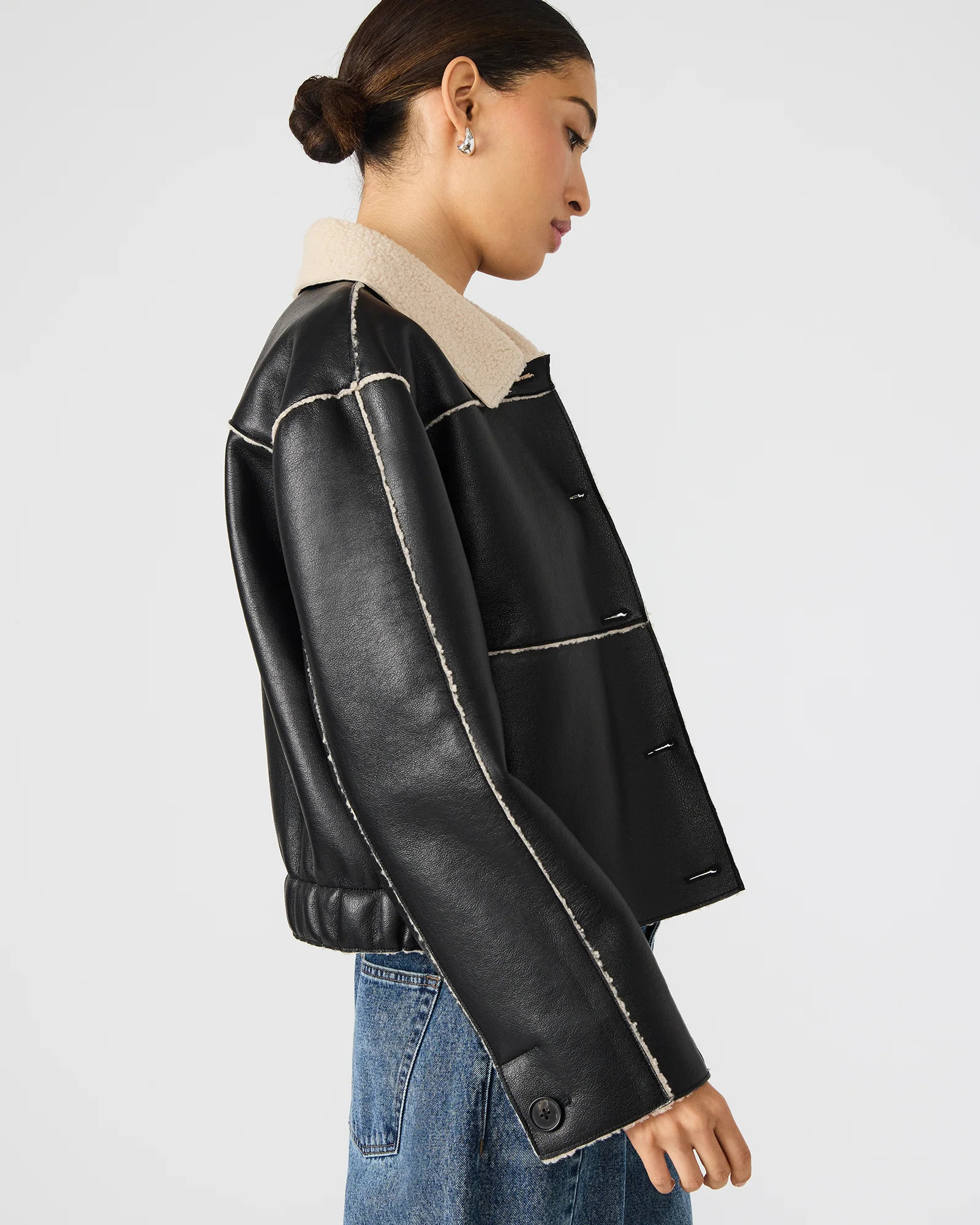 TILIA Black Long-Sleeved Faux Leather Button-Up Faux Fur Women's Coat | Steve Madden (US)