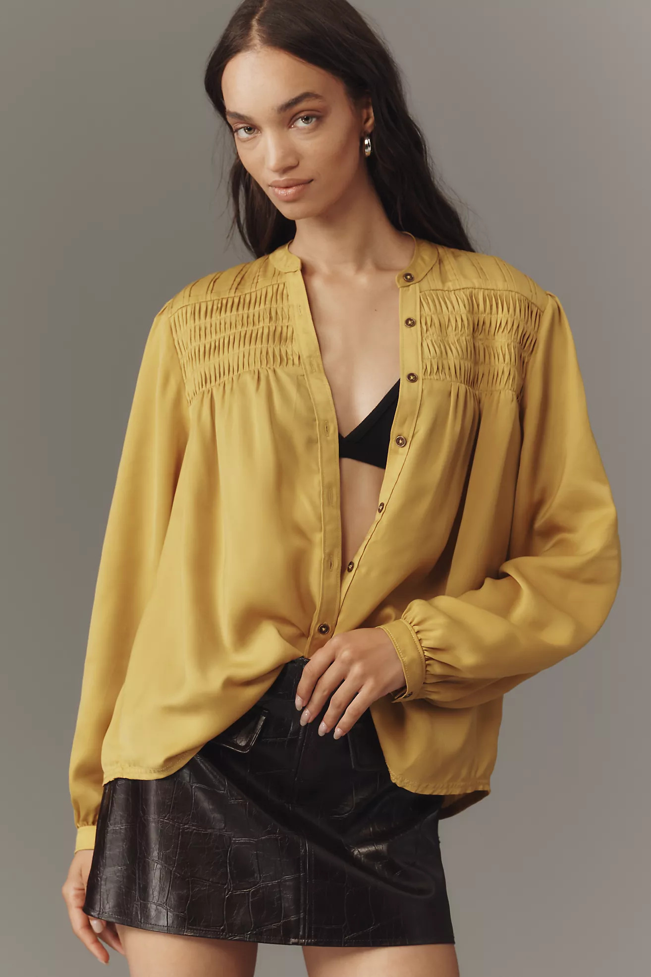 Pilcro Silky Smocked Buttondown Shirt | Anthropologie (US)