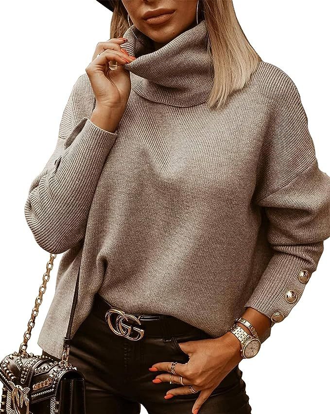 dowerme Women Causal Turtleneck Knit Sweater Long Sleeve Solid Lightweight Basic Pullover Tops wi... | Amazon (US)