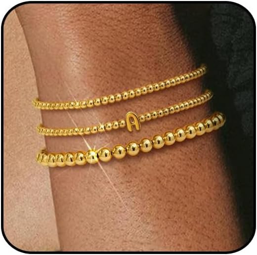 Gold Beaded Bracelets for Women, Stackable Gold Initial Bracelets for Women Non Tarnish, 14K Real... | Amazon (US)
