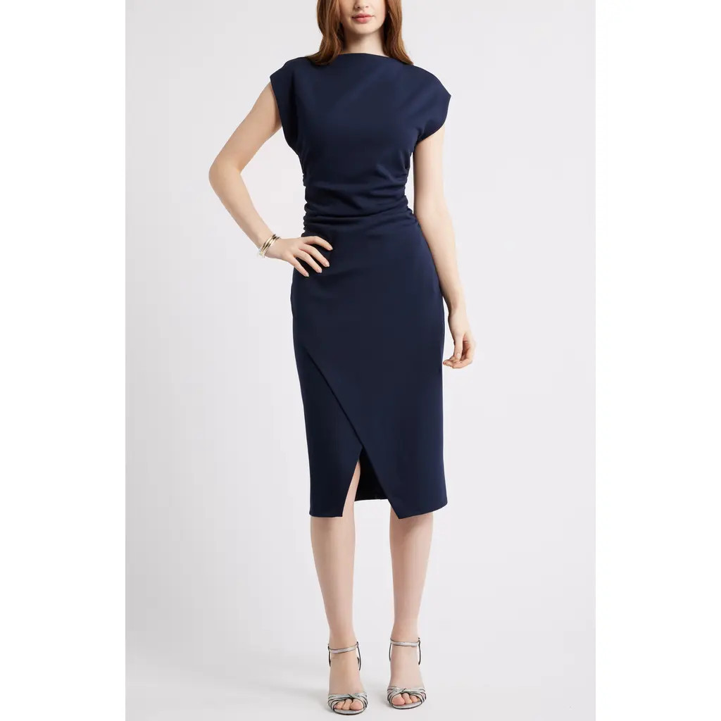 Nordstrom Ruched Funnel Neck Midi Dress in Navy Night at Nordstrom, Size Xx-Small | Nordstrom