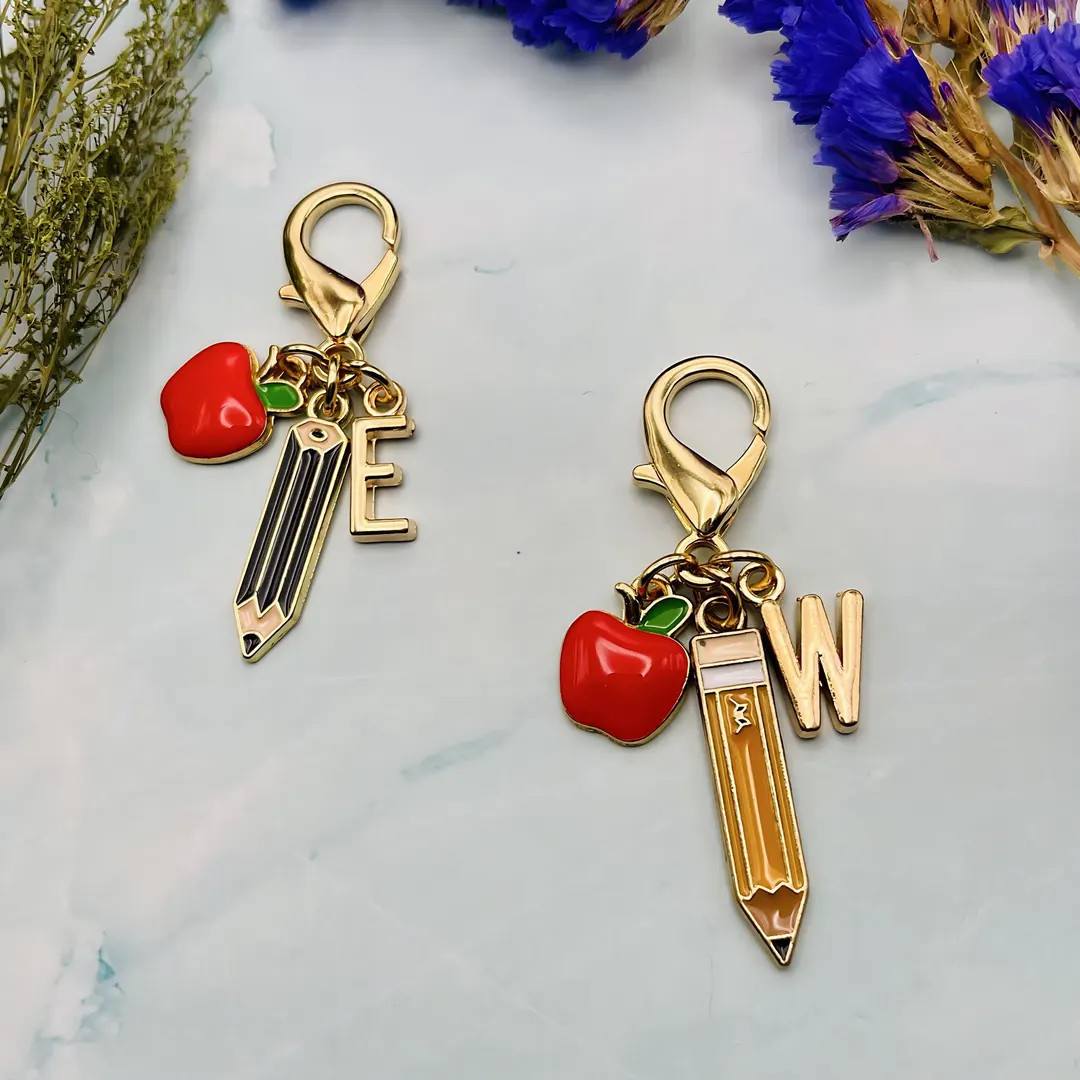 Custom Teacher Charm: Personalized Initial, Apple & Pencil Bag Accessory | Etsy (US)