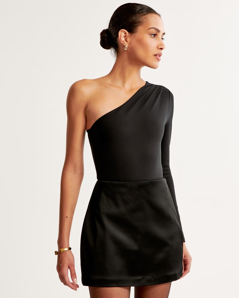 Long-Sleeve Crepe Asymmetrical One-Shoulder Bodysuit | Abercrombie & Fitch (US)