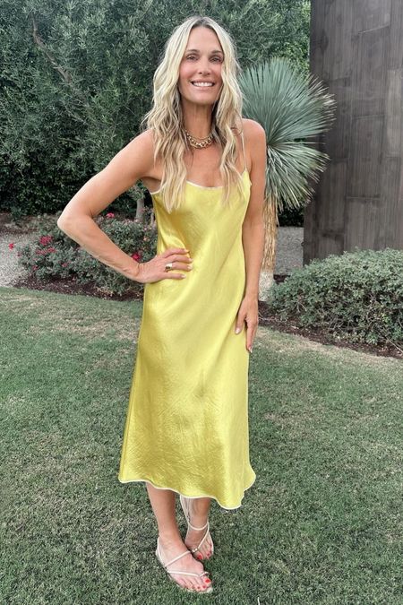 Shop Molly Sims yellow slip dress strapping sandals #Mollysims
 #CelebrityStyle


#LTKStyleTip #LTKFindsUnder100