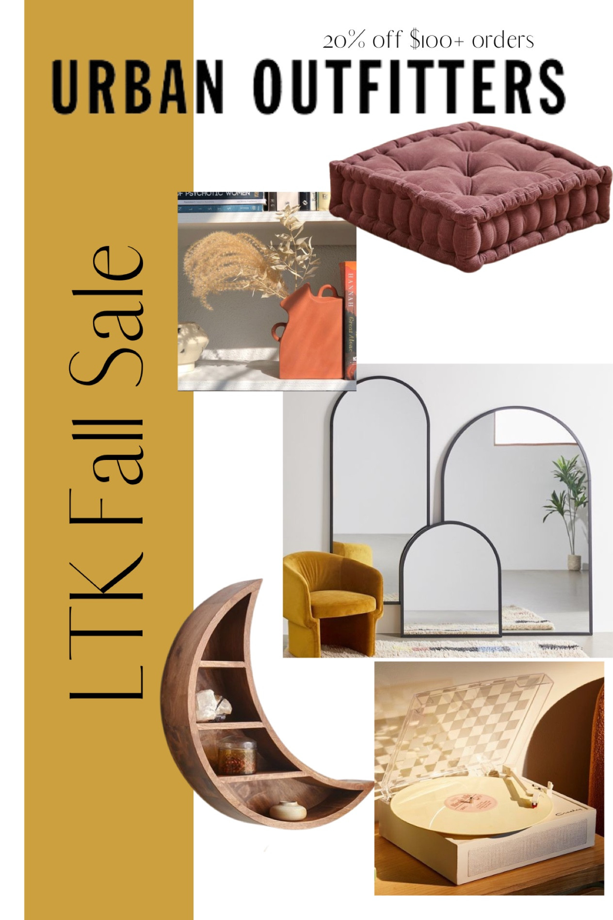 Urban Outfitters is 20% off (orders over $100) SITEWIDE for the LTK Sale!! Today-Sept 20, exclusively in the LTK app.

Urban Outfitters, UO, home, home goods, decorations, house decorations, home decor, boho style, mirrors, floor mirror, shelves, record player, bookend, vase, floor cushion, apartment decor, dorm room

#LTKhome #LTKstyletip #LTKSale