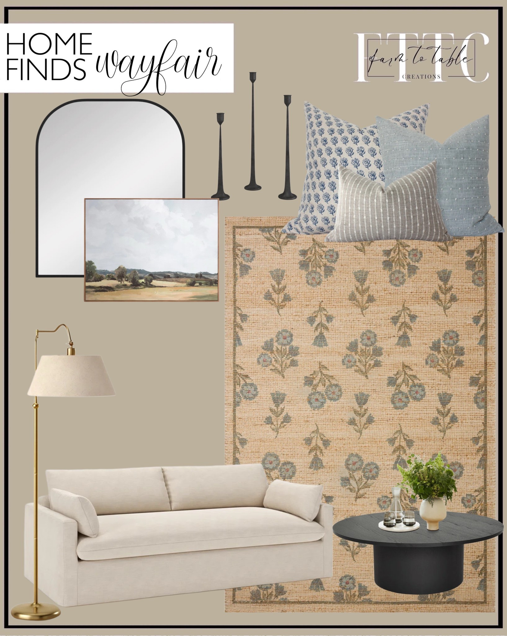 Wayfair Living Room Finds

Follow @farmtotablecreations on Instagram for more inspiration.

This neutral living room lineup is such a beautiful mix of soft textures and timeless pieces. The floral rug brings in that subtle pattern and warmth, while the layered blue and neutral pillows add just the right amount of color without overwhelming the space. I love how the black accents—from the mirror to the candlesticks and coffee table—ground everything and keep it feeling elevated. And that brass floor lamp? It’s the perfect warm touch to balance it all out.

#livingroomdecor #neutralrug #throwpillows #coffeetable #floorlamp #homedecorfinds #wayfair

#LTKHome #LTKSaleAlert