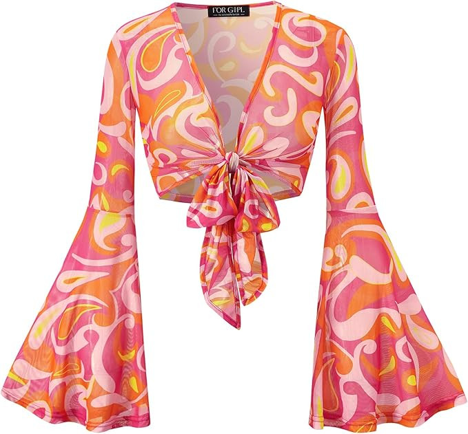 For G and PL Women Tie Front Bell Sleeve Rave Crop Tops Floral Print Hippie Mesh Sheer Shirt | Amazon (US)