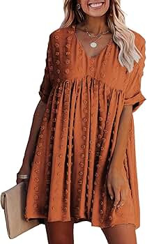 KIRUNDO Summer Women’s Short Sleeves Mini Dress Sexy V Neck Flowy Casual Dress Swiss Dot Short ... | Amazon (US)