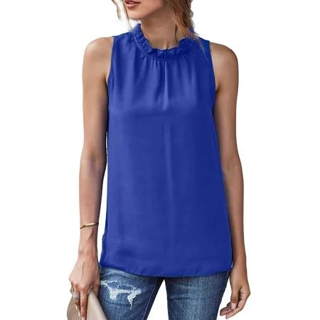 Dokotoo Women s Blue Blouses Ruffle Trim Neck Sleeveless Casual Solid Color Loose Summer Shirt Tops  | Walmart (US)
