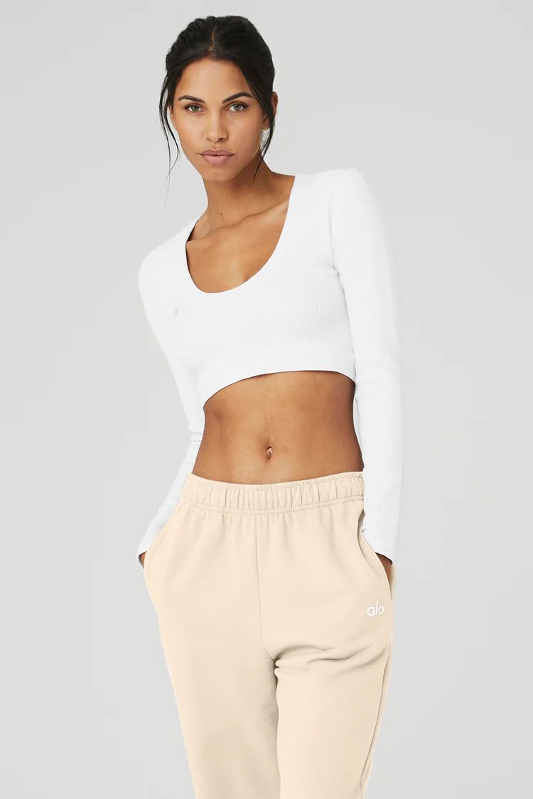 Seamless Ribbed Cropped Serene Long Sleeve - White | Alo Yoga