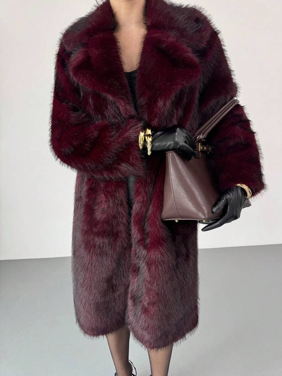 Firerie Women's Elegant Old Money Style Solid Color Anchor Red Faux Fur Long Sleeve Coat, Faux Fu... | SHEIN