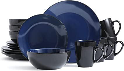 Bestone 16 Piece Dinnerware Set, Stoneware, Plates and Bowls, Dishes, Service for 4, Blue and Bla... | Amazon (US)