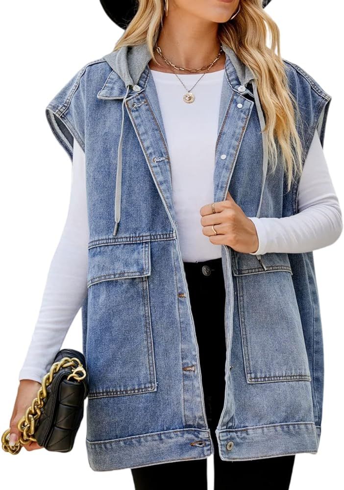 Women's Oversized Denim Vest Mid Long Jean Vest Sleeveless Jackets Distressed Vest Cotton | Amazon (US)