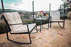 SUNCROWN Outdoor 3-Piece Rocking Bistro Set: Black Wicker Furniture-Two Chairs with Glass Coffee ... | Amazon (US)