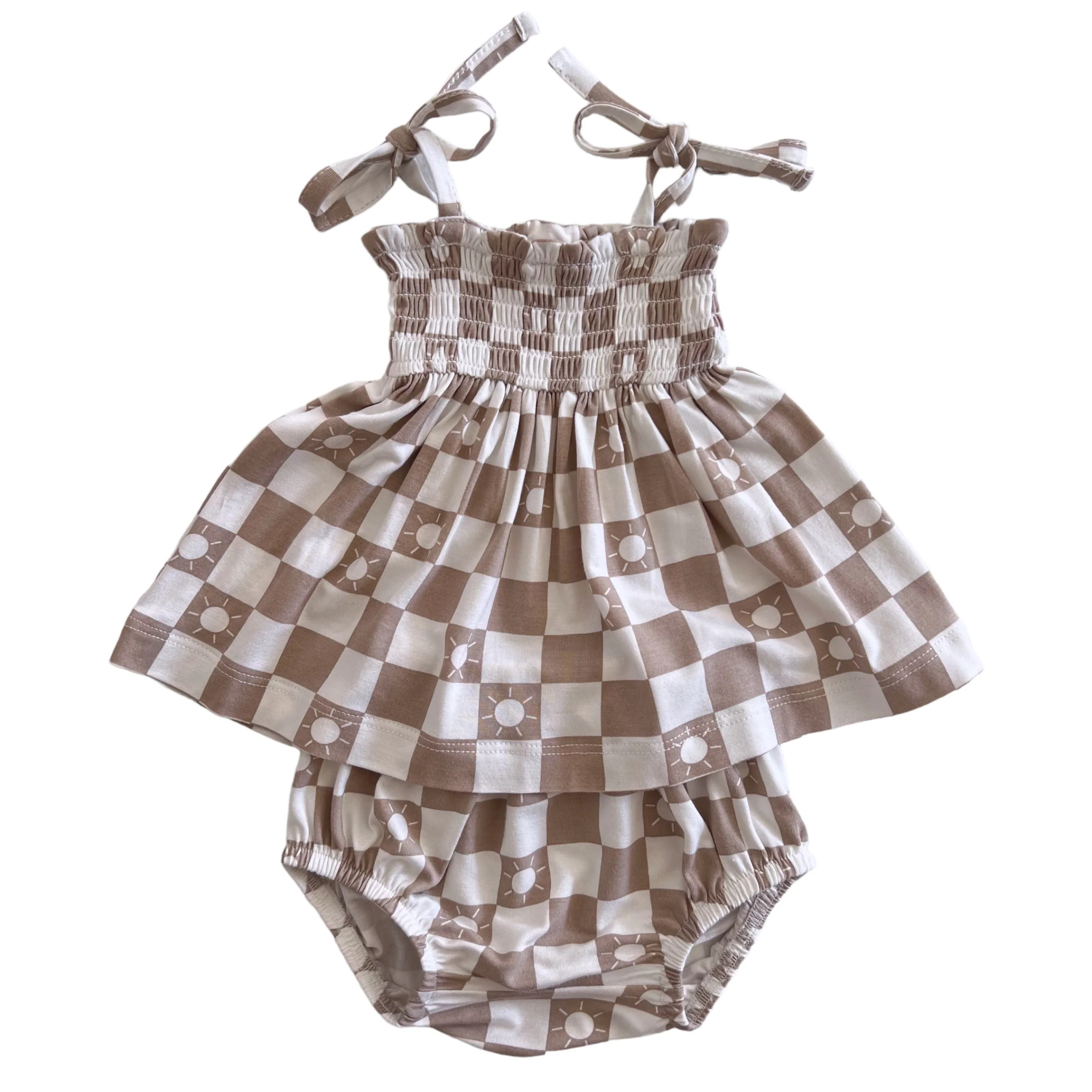 Smocked Set, Tan Sun Checkerboard | SpearmintLOVE