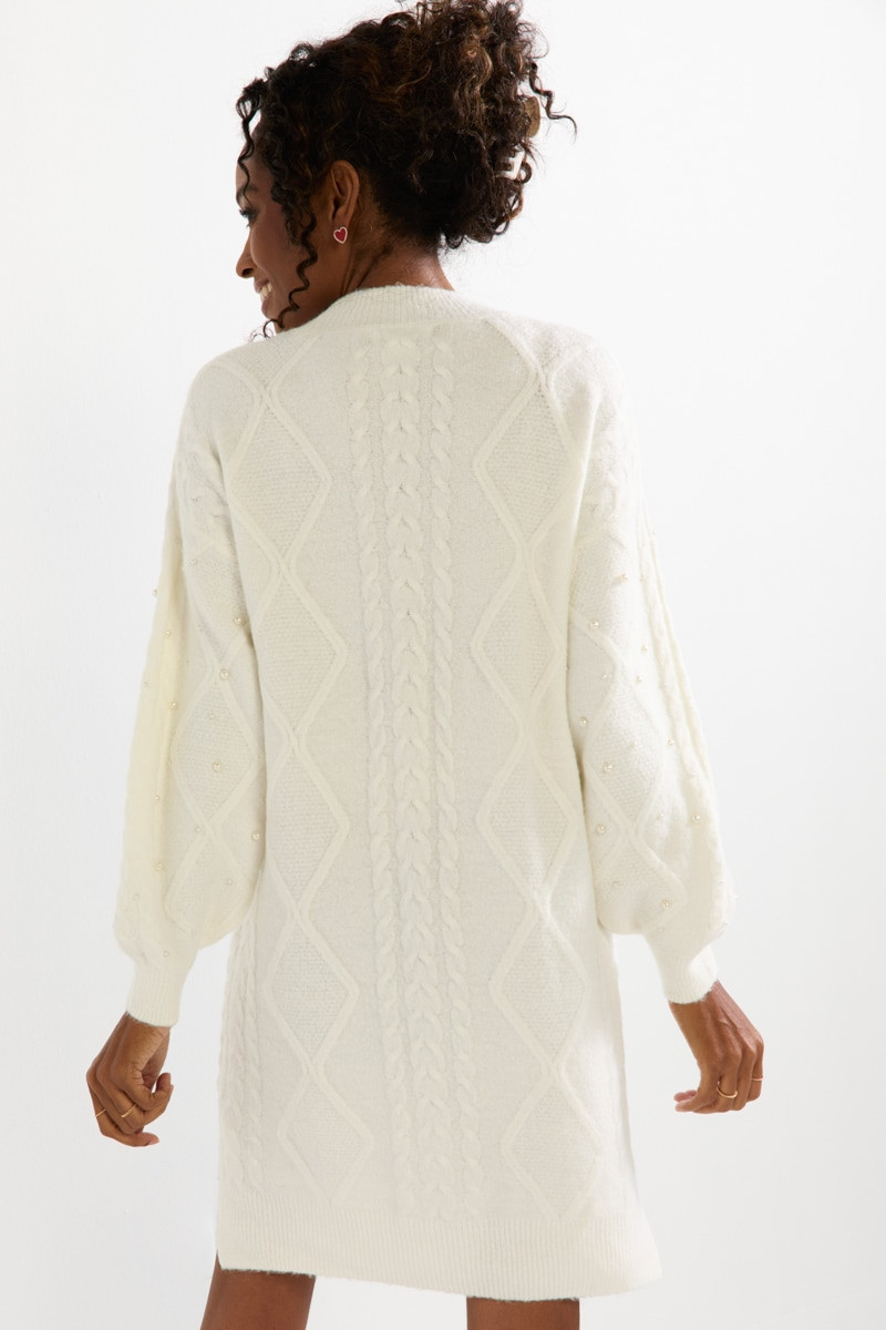 Elsa Pearl Embellished Cable Sweater Mini Dress | Francesca's