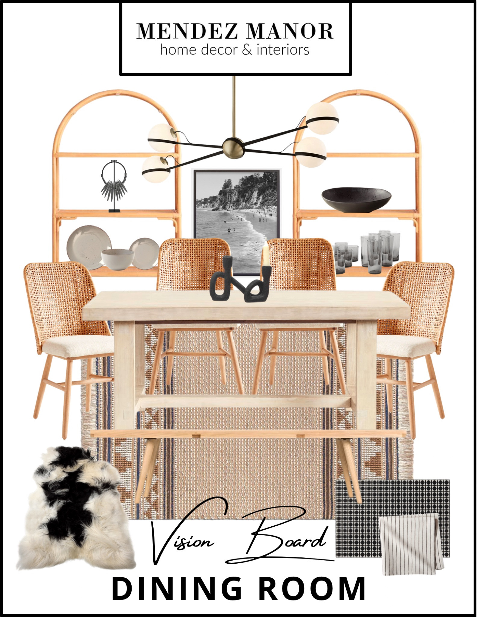 Black accents mix with light furniture in this relaxed dining room design. The stylish mixed metals in the Adeline chandelier from #LuluandGeorgia are always a bright idea 💡

#diningroom #diningbench #lighting #chandelier #chairs #sheepskin

#LTKhome #LTKstyletip