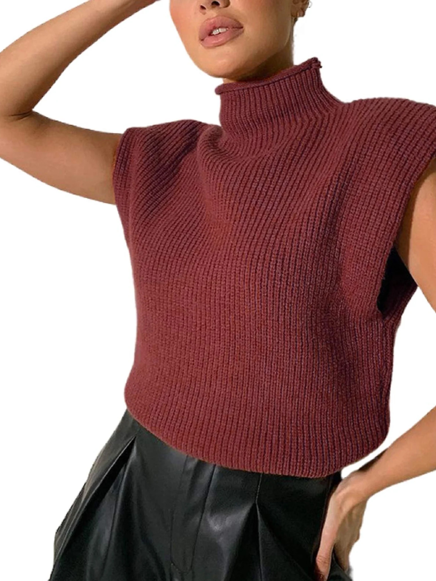wybzd Women's Turtle Neck Sleeveless Knit Sweater Vest Solid Color Loose Solid Shoulder Pads Pull... | Walmart (US)