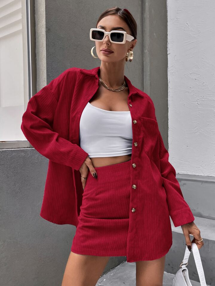 Solid Button Front Drop Shoulder Coat & Skirt | SHEIN