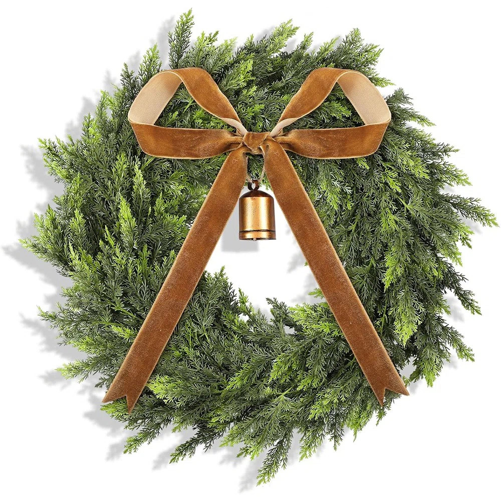 Christmas Cedar Wreath - Real Touch Artificial Pine And Cypress Wreath With Vintage Bow For Front... | Wayfair North America