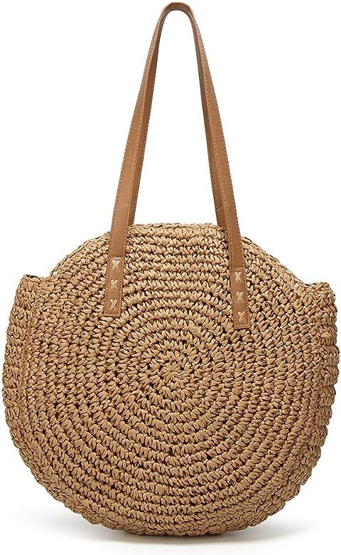 Women's Straw Handbags Large Summer Beach Tote Woven Round Pompom Handle Shoulder Bag | Amazon (US)