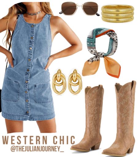 Western chic outfit idea! Concert outfit idea!! Denim dress, cowboy boots, aviator sunglasses, gold hoop earrings, gold bangles, neck scarf!! Concert outfits!! Country concert idea!! 

#LTKFestival