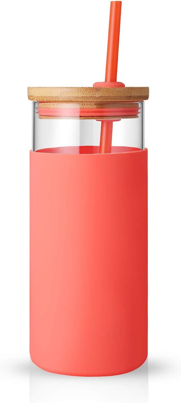 tronco 20oz Glass Tumbler Straw Silicone Protective Sleeve Bamboo Lid - BPA Free (Living Coral) | Amazon (US)