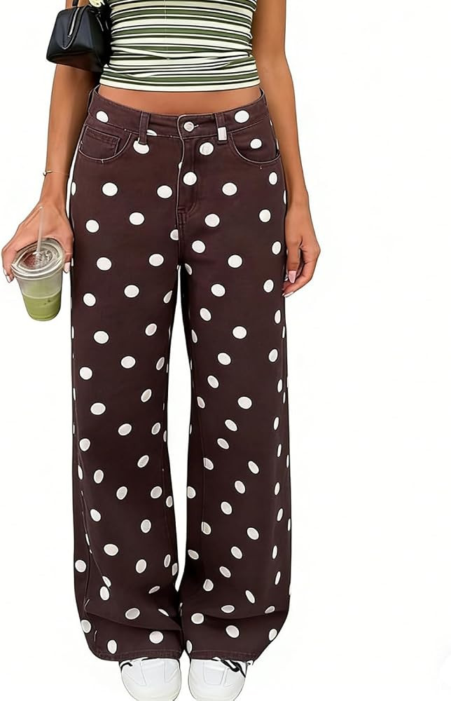 XBTCLXEBCO Polka Dot Jeans Women Y2K Print High Waisted Wide Leg Denim Pants Vintage Stretchy Boy... | Amazon (US)