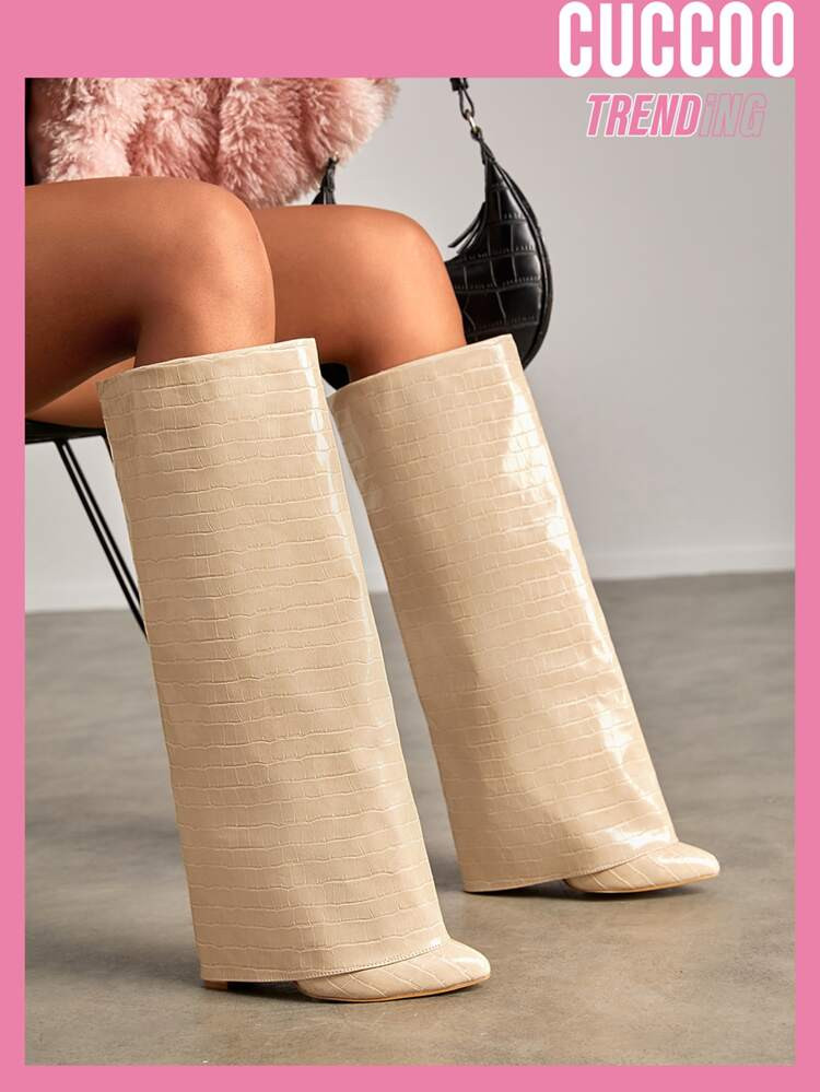CUCCOO Trending Crocodile Embossed Point Toe Chunky Heeled Classic Boots | SHEIN