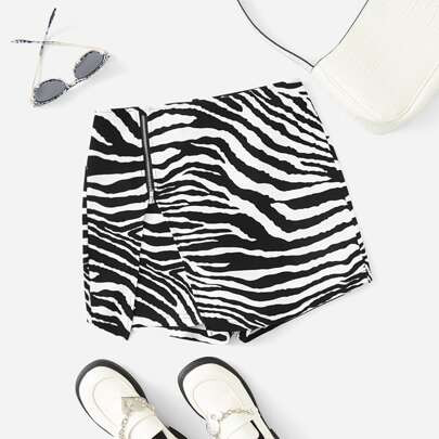 Zebra Striped Zipper Detail Asymmetrical Hem Skort | SHEIN