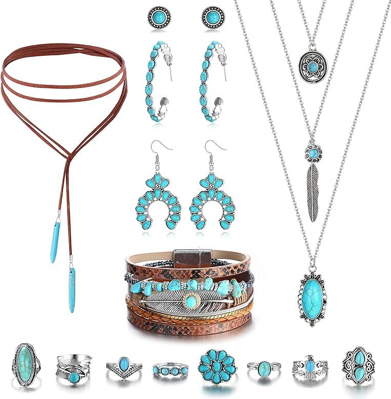 Helicopchain Western Jewelry For Women Bohemian Turquoise Jewelry Set Turquoise Pendant Choker Necklace Turquoise Faux Leather Cuff Bracelet Turquoise Hoop Dangle Earrings Turquoise Joint Knuckle Rings | Amazon (US)
