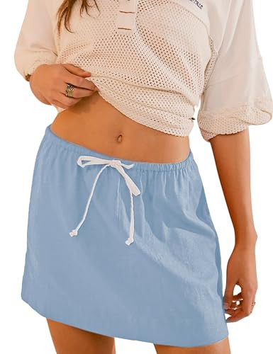 EsheSy Womens Cotton Linen Mini Skirts Drawcord Waist Short A-Line Skirts with Pockets | Amazon (US)