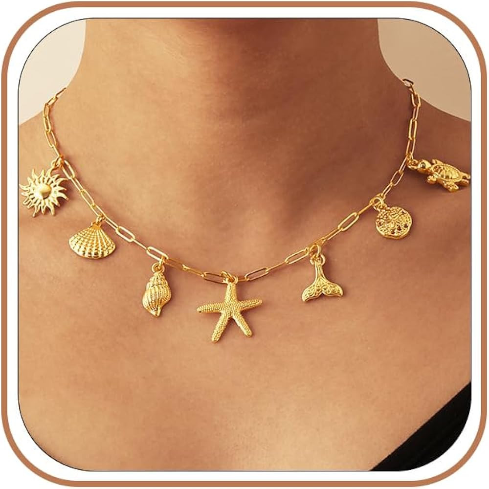 Charm Necklace for Women, 14K Gold Plated Shell Sun Starfish Summer Beach Necklace 16+3" Papercli... | Amazon (US)