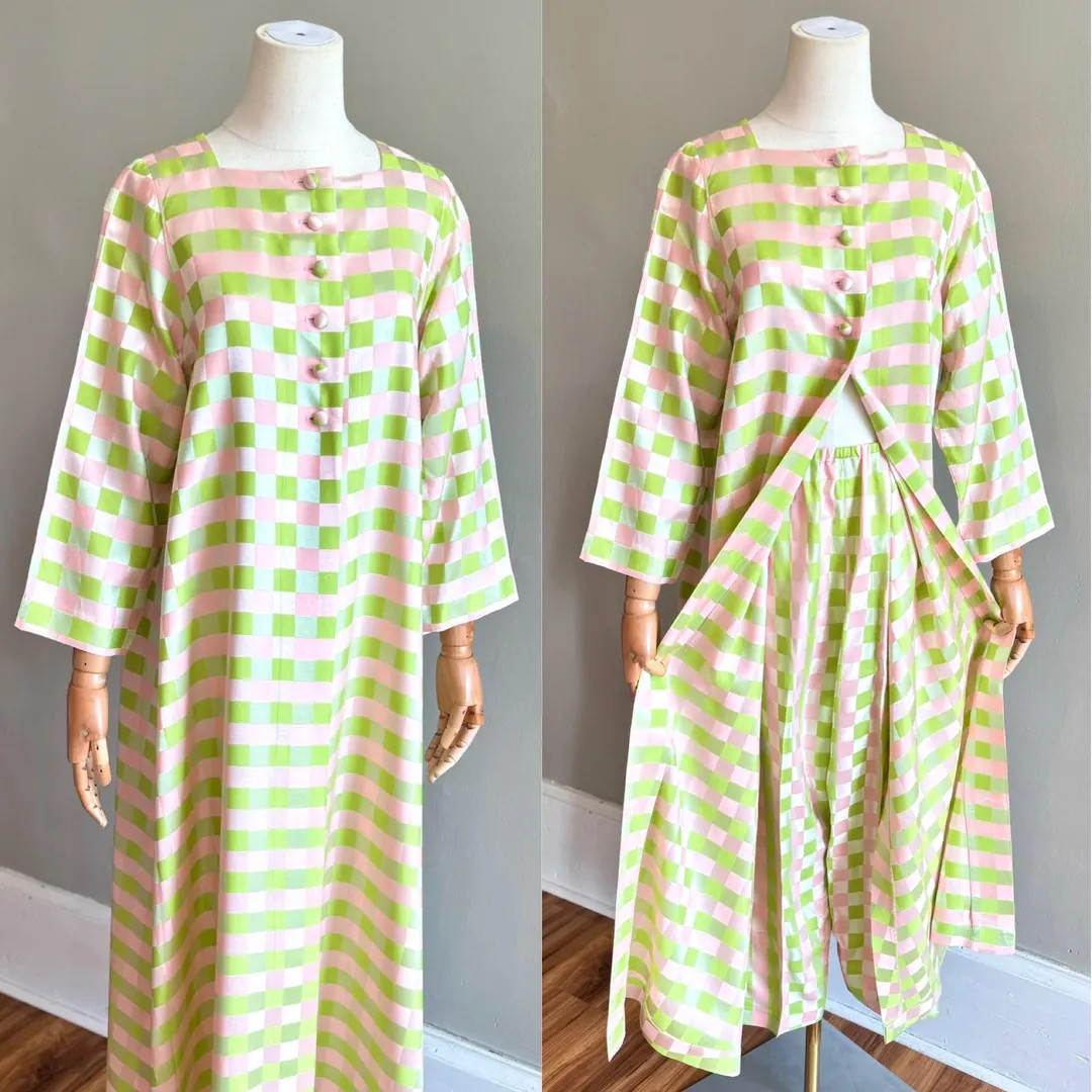 Vintage 1960s Duster & Pants Mod LOUNGE SET Pink Green Checkerboard Iridescent Satin, Hostess Set... | Etsy (US)