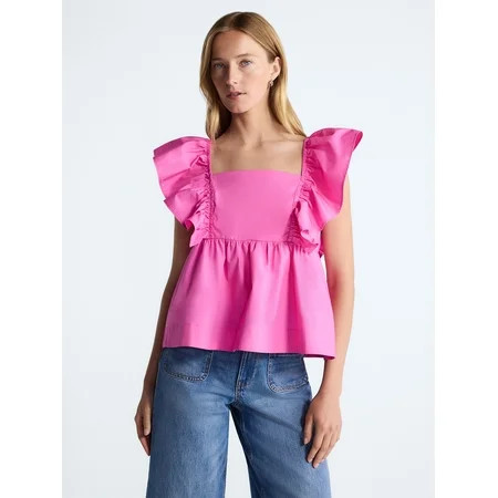 Free Assembly Women's Square Neck Cotton Top with Flutter Sleeves, Sizes XS-XXL | Walmart (US)