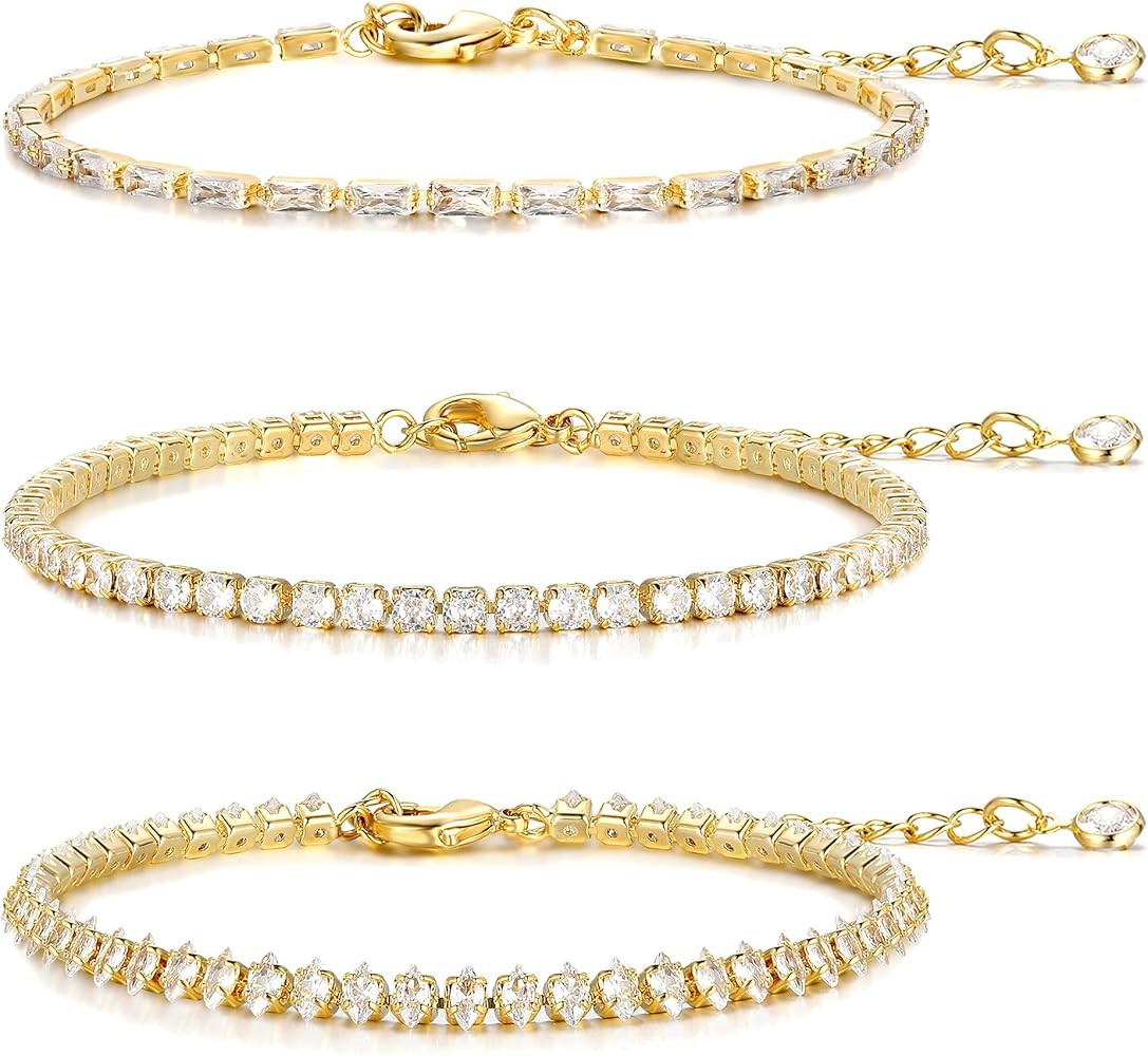 5 PCS Gold Bracelets for Women Teen Girls, 14K Real Gold Plated Adjustable Cubic Zirconia Dainty ... | Amazon (US)