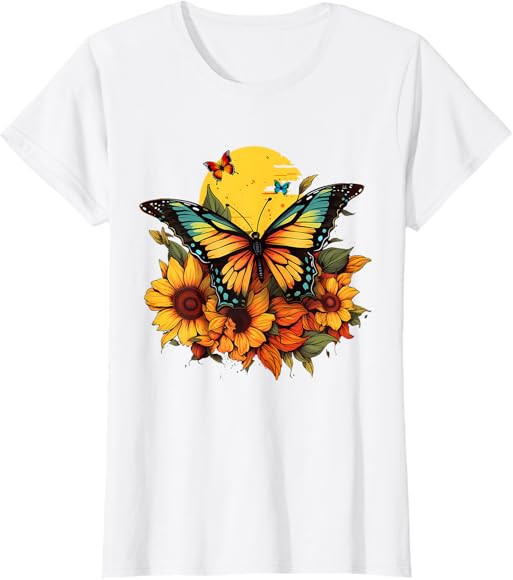 Butterflies Sunflower Design T-Shirt | Amazon (US)