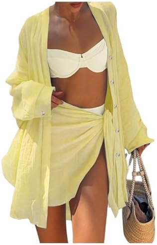 Verdusa Women's Swimsuit Coverup 2 Piece Summer Outfits Oversized Button Shirts and Wrap Skirts S... | Amazon (US)