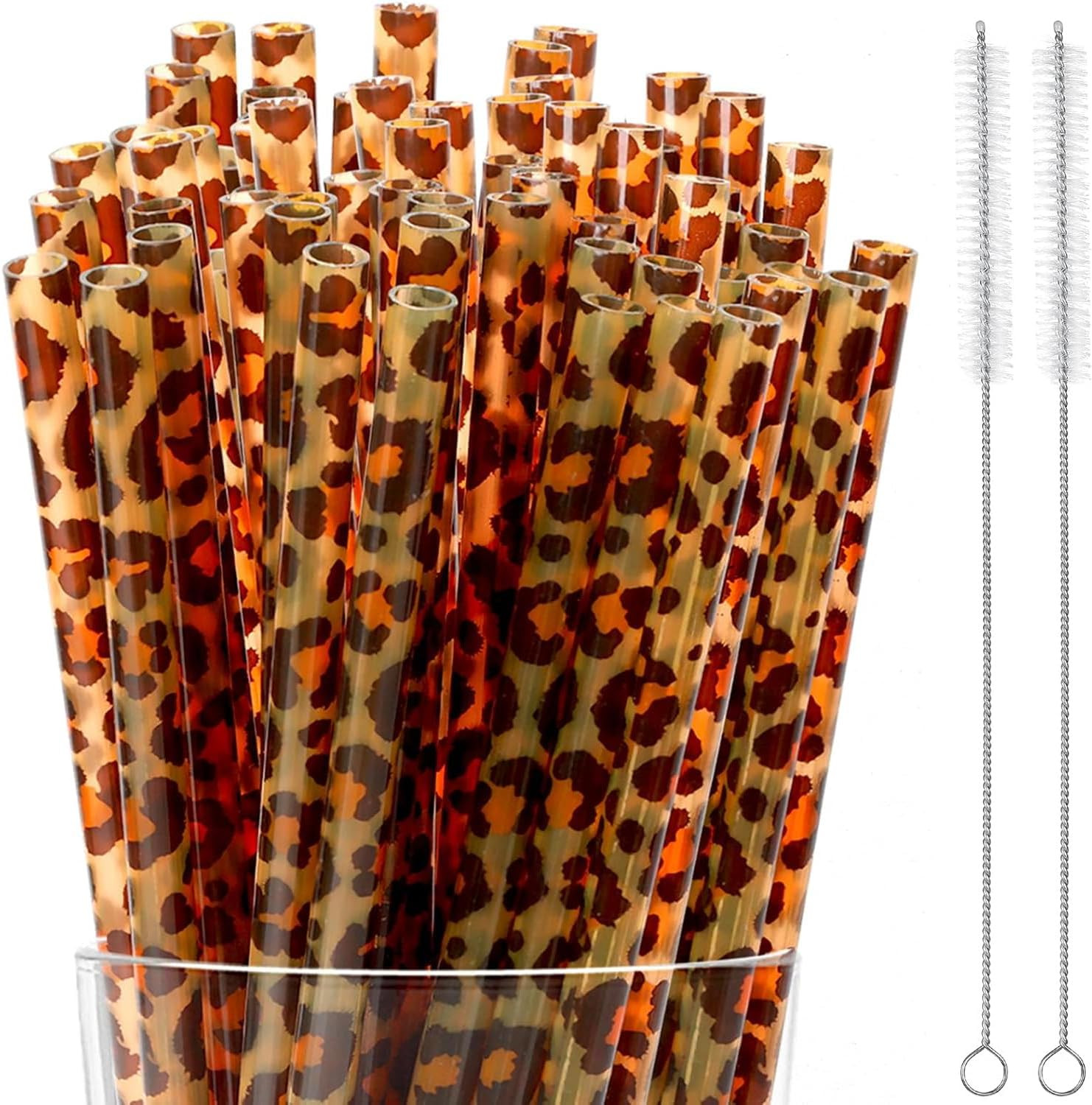 30 Pcs Reusable Brown Leopard Print Straws Cheetah Print Plastic Drinking Straws with 2 Cleaning Brushes for Animal Print Party Favors Safari Birthday Party Supplies | Amazon (US)